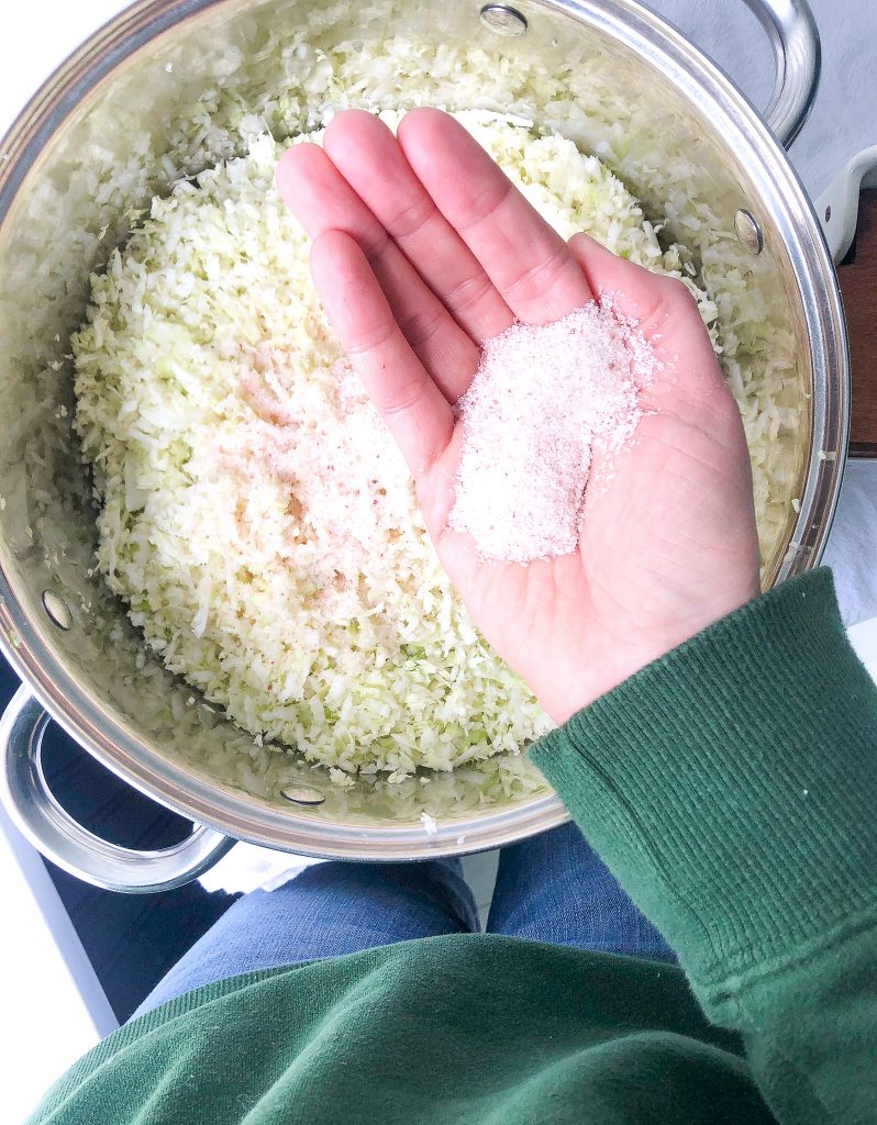 hand holding see salt over pot of sauerkraut